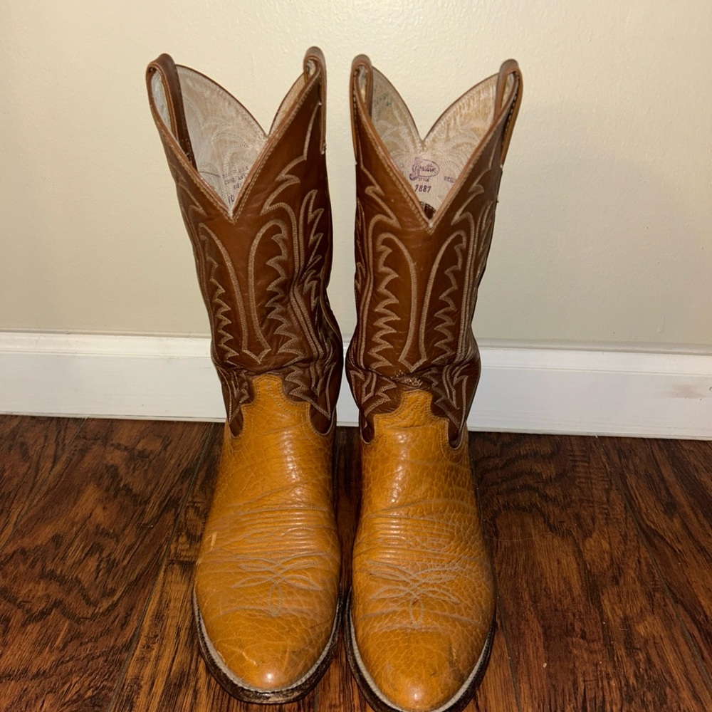 Justin Leather Cowboy Boots in Brown and Cream size 10D